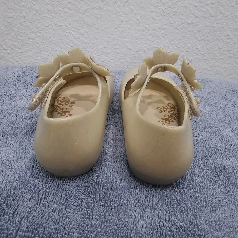 Mini Melissa Ultragirl Flower Glitter Jelly Shoes Gold Mary Jane Toddler Size 7